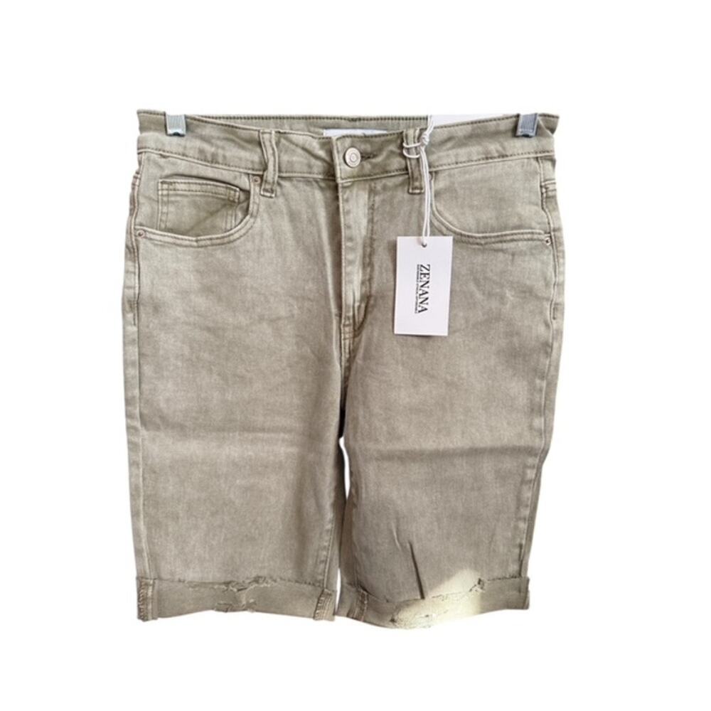 Zenana - Bermuda Jean Shorts Olive Green - Large
